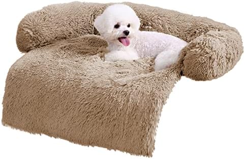 HACHIKITTY Calming Pet Sofa Bed Mat, Washable Fluffy Couch Cover for Dogs and Cats, Anti-Slip Bottom (37"x 33"x 6", Camel)