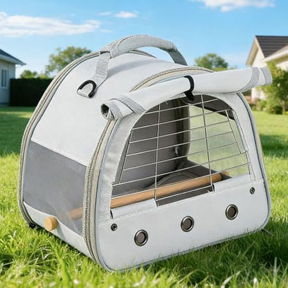 Bird Travel Carrier Cage, with Stainless Steel Metal Window and Wood Perch, Portable Bag for Cockatiel Parakeet Conure Green Cheek Budgie (Grey, Steel Window)