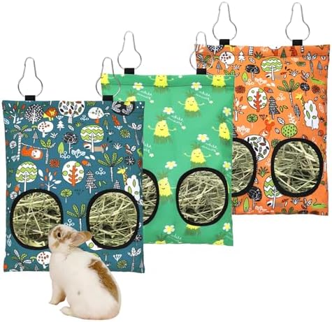 3 Pcs Rabbit Hay Feeder Bag, 2-Hole Hanging Hay Feeder Guinea Pig Hay Bags Washable Bunny Hay Bag for Rabbits Chinchillas Hamsters Small Pets and Animal (11.8"×8.7")