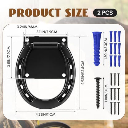 Zhengmy 4 Set Tie Ring for Horses, Heavy-Duty Solid Steel, with Expansion Screws, 3 x 3 Inch, Horseshoe Cross Ties Down, Tack Barn Stable Supplies for Horse, Black
