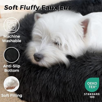 Calming Round Dog Bed & Cat Bed with Anti-Slip Bottom, Medium Size Washable Anti-Anxiety Donut Dog Beds for Small Dogs & Cats, Fluffy Plush Soft Dog Bed(24 Inch, Black)