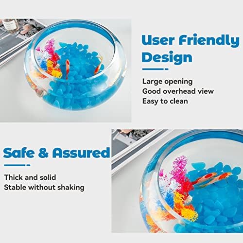 2 Gallon Glass Fish Bowl with Decor, Include Fluorescent Stones & Colorful Plastic Trees, High White Glass for Clear View, Small Fish Bowl/Vase/Aquarium for Betta Fish/Goldfish, Nice Home Décor
