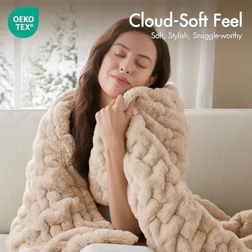 Madison Park Ruched Fur Throw Faux Fur Blanket for Sofa, 50" x 60", Tan