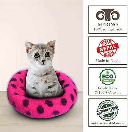 Woolygon Premium Felt Cat Cave Bed – Wool Kitty Beds Handcrafted Kitten Caves Bed for Indoor Cats - Made from Merino Wool, Foldable Cat Hideaway Covered Cat House Pod (Pink Polka)
