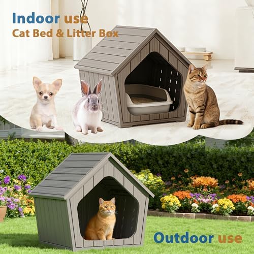 Cat Litter Box Enclosure, Hidden Covered Litter Box Furniture with Air Holes, Resin Outdoor Cat House Weatherproof, Wide Opening Design for Easy Cleaning, Grey