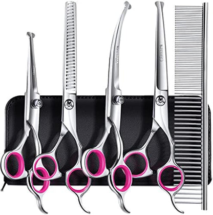 Gimars Professional 4CR Stainless Steel 6 in 1 Grooming Scissors for Dogs with Safety Round Tip, Heavy Duty Titanium Coated Pet Grooming Scissor for Dogs, Cats and Other Animals