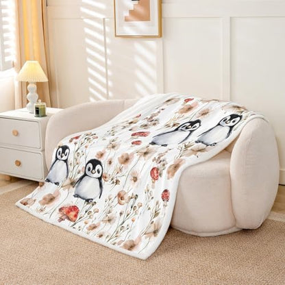 Erosebridal Kids Penguin Blankets and Throws 40"x50",Mushroom Penguin Blanket Throw for Teen Girls Boys,Antarctica Animal Fleece Blanket Country Style Floral Fuzzy Blanket for Bed Sofa Decor
