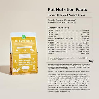 Open Farm Ancient Grains Dry Dog Food, Harvest Chicken Kibble, 22lb Bag