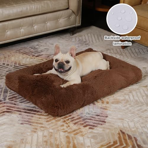 Bedfolks Waterproof Dog Crate Bed, Plush Dog Pad, 35"x23", Solid Brown
