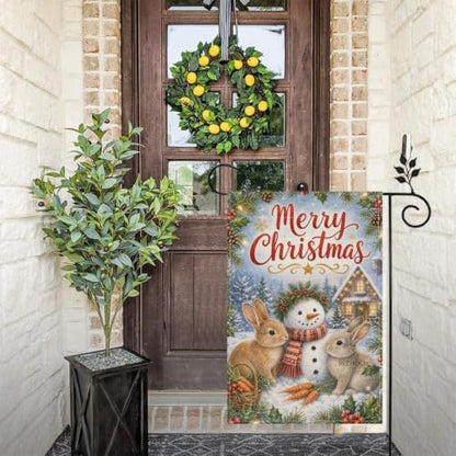 Merry Christmas Garden Flag 12x18 Inch Rabbit Pair Snowman Carrot Basket Holly Pinecone Watercolor Winter Outdoor Yard Lawn Front Porch Welcome Double Sided Banner Decor