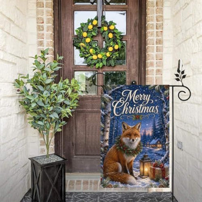 Merry Christmas Garden Flag 12x18 Inch Red Fox Pine Wreath Lantern Gift Snowy Birch Forest Rustic Winter Outdoor Yard Lawn Front Porch Welcome Double Sided Banner Decor