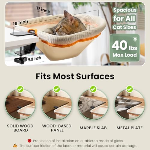 JUNSPOW Cat Desk Bed One-Click Folding, Maximum Holds 40lb, Cream Mesh