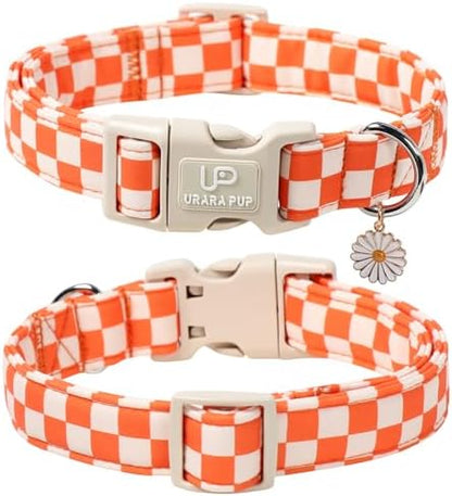 Gingham Fall Dog Collar – Adjustable Orange Picnic Checkered Dog Collar with Daisy Pendant, Classic Autumn Dogs Collars for Girl Boy Dogs