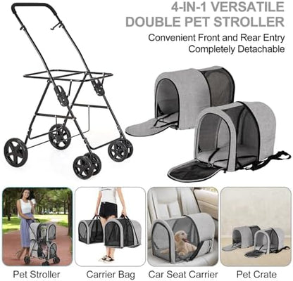 Double Pet Stroller for 2 Cats or 2 Dogs with Detachable Carriers