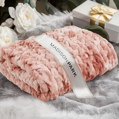 Madison Park Ruched Fur Throw Faux Fur Blanket, 50" x 60", Pink Tie Dye