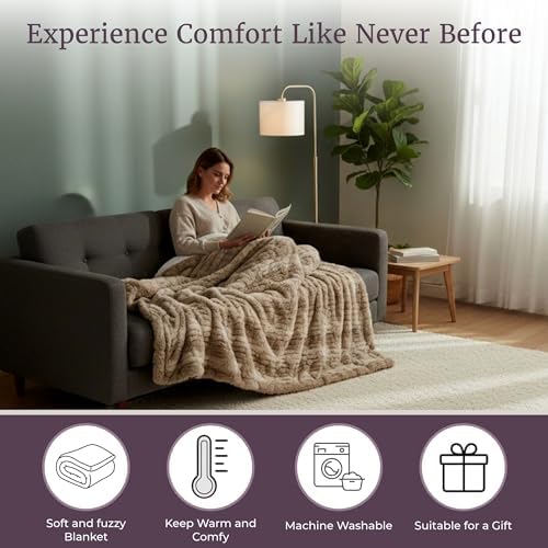 Lavish Home Oversized Ruched Faux Fur Blanket, Taupe, 60” x 80”