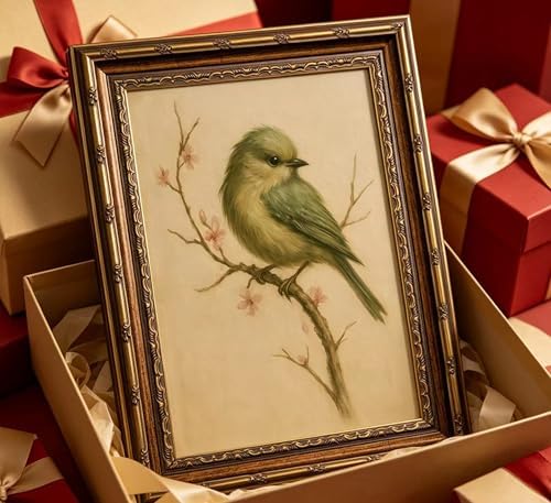 Vintage Gold Framed Bird Wall Art, Watercolor Spring Cherry Blossom Canvas Print, Antique Neutral Floral Wall Decor, Retro Cottagecore Picture Poster Artwork for Nursery Bedroom Living Room