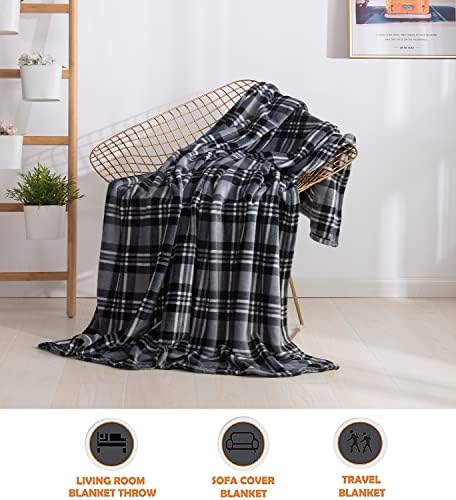 Elegant Comfort Luxury Velvet Super Soft Christmas Prints Fleece Blanket-Holiday Theme Home Décor Fuzzy Warm and Cozy Throws for Winter Bedding, Couch and Gift, 50 x 60 inch, Gray Plaid Throw