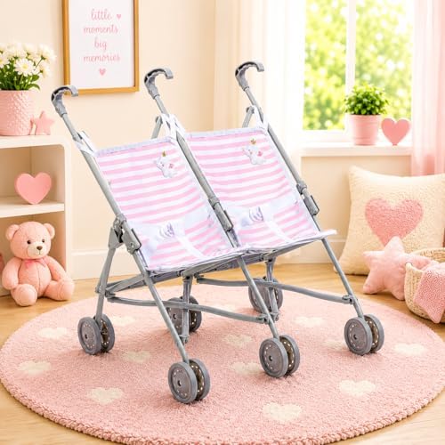 JC Toys Boutique | Twin Folding Umbrella Doll Stroller for Children 2 Years Plus, Pink Stripes and Soft Embroidery | Sturdy Metal Frame | Pretend Play with Dolls up to 18” Long | Seat Belts