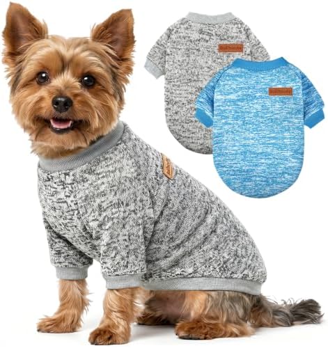 2 Pack Dog Sweaters for Small Dogs Girl Boy Winter Fleece Clothes Warm Soft Dog Sweatshirt Outfit for Dogs Cats Pet Apparel (Grey+Light Blue, M (Back: 13.7",Chest: 17.7", 10-14Ibs))