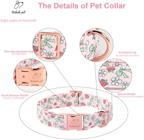 Pink Girl Dog Collar, Sweet Strawberry Spring Summer Dog Collars, Vintage Bow Puppy Collar, Adjustable Heavy Duty Pet Collar for Small Medium Large Dogs with Metal Buckle XL