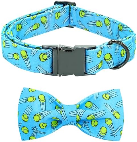 Dog Collar-Tennis Balls Print Adjustable Pet Collar Cute Cotton Soft Collars with Bow Tie Spring Summer Metal Buckle Puppy Collar Gift for Large Dogs