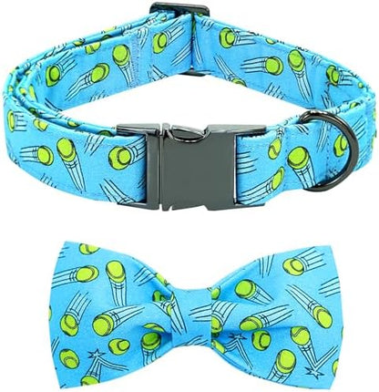 Dog Collar-Tennis Balls Print Adjustable Pet Collar Cute Cotton Soft Collars with Bow Tie Spring Summer Metal Buckle Puppy Collar Gift for X-Large Dogs