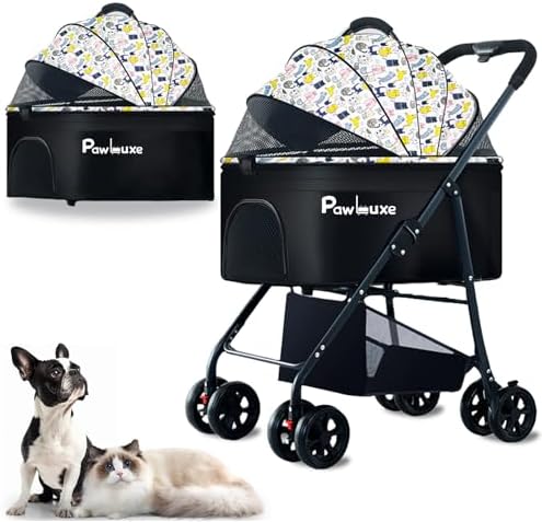 4 Wheels Pet Stroller 4 in 1 Pet Stroller with Detachable Carrier for Small & Medium Dogs Cats up to 55 lbs Easy-Folding Travel Dog Wagon with Car Seat Breathable Mesh,White Cartoon