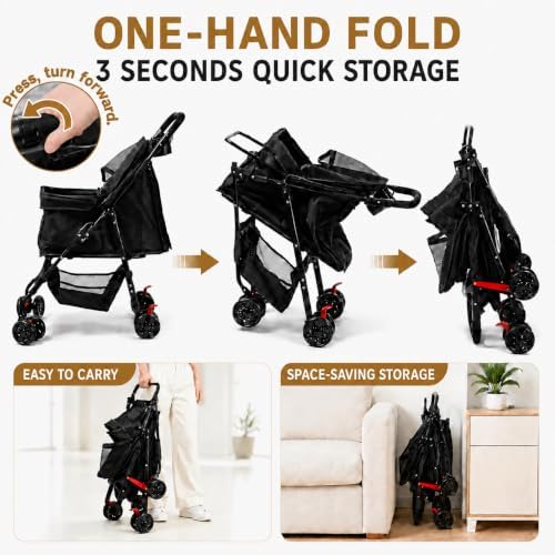 Dog Stroller, Pet Stroller with 4 Wheels, Foldable Dog Strollers for Small Medium Dogs & Cats, Cat Stroller with Storage Basket, Breathable Mesh, 360° Wheels & Rear Brakes Black