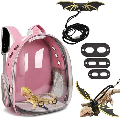 kathson Bearded Dragon Carrier with Harness and Leash Set, Large Reptile Travel Carrier Portable Lizard Backpack Clear Small Animals Carrying Bag for Gecko Hamster Rabbit Hedgehog Kitten (Pink)