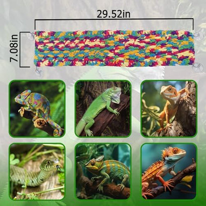 QWR 30" x 7" Hand-Knitted‌ Soft Reptile Lizard Hammock,Lengthened Thicker Hammock for Bearded Dragon Tank Swing Hanging with Strong-Adhesive Hooks,Breathable Bed for Gecko Chameleon(Rectangular)
