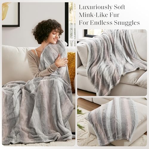 Madison Park Zuri Faux Fur Reversible Throw Blanket, 50 x 60 in, Blush/Grey
