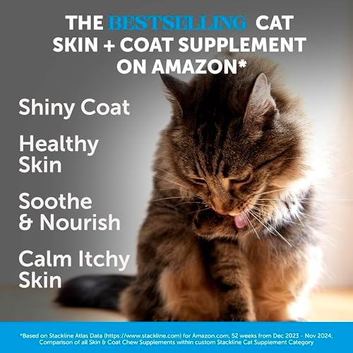 Cat Skin & Coat Supplement Crunchy Creamy Chews - Salmon Oil for Cats Omega 3 Itchy Dry Skin Relief - Feline Shedding Control - Biotin Vitamins for Indoor Cats Shiny Soft Coat (30-Day Supply)