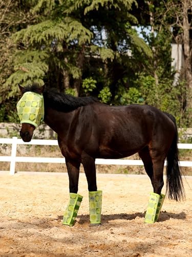 Tackmore Horse Fly Mask Without Ears, Breathable Structured Mesh for Horses, Soft Fleece Edging, UV Protection, Printed Turnout Mask for Pasture-Grass Green Circles M