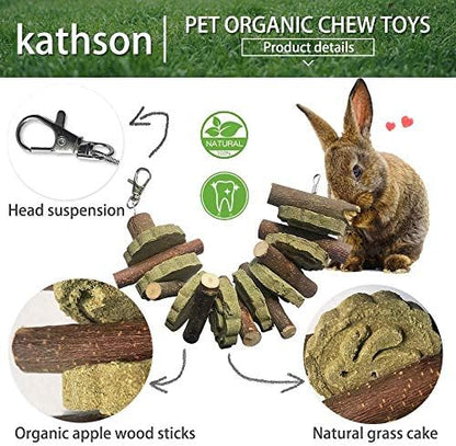 kathson 4PCS Bunny Chew Toys for Teeth Grinding, Chinchilla Treats Organic Bamboo Sticks Natural Fruitwood Branches for Rabbits Guinea Pigs Hamsters (Fruitwood Sticks+Alfalfa Cakes)