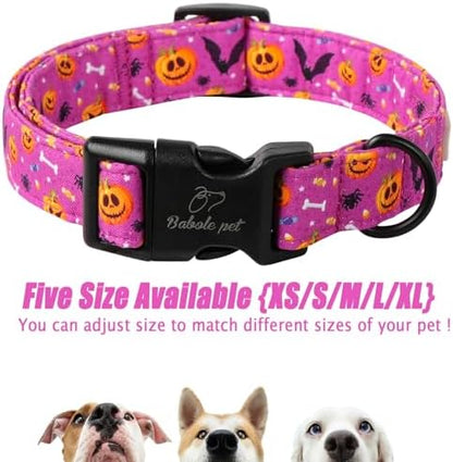 Halloween Dog Collar, Purple Pumpkin Bat Print Puppy Collar XS
