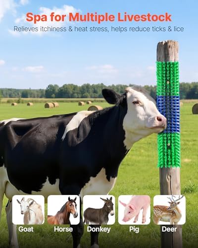 VEVOR Livestock Scratching Brush, 2PCS Goat Scratcher Brush Post with 8 Screws, 16.9" x 7.5" Cow Scratcher for Back Itch Relief, Massage Grooming Scratch Tool for Horse Cattle Sheep Pig, Green & Blue