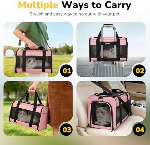 Hipubby Cat Carrier Dog Carrier for Pets Up to 16 Lbs, Soft-Sided Pet Travel Carrier for Cats and Small Dogs, Airline Approved Pet Carrying Case with Shoulder Strap & Removable Mat - Pink
