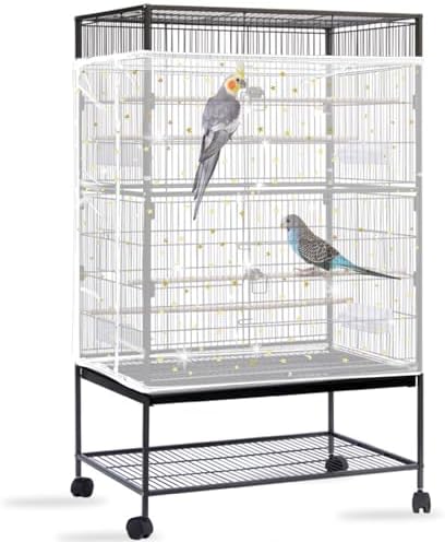 Daoeny Bird Cage Seed Catcher, Large Bird Cage Cover, Adjustable Soft Airy Nylon Mesh Net, Birdcage Cover Skirt Seed Guard for Parrot Parakeet Macaw African Round Square Cages (White, Sequins Star)