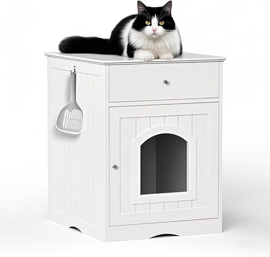 Large Wood House for Cats Litter Box Enclosure Furniture Hidde Out Box with Cabinet Drawer Indoor Pet House Side Table Wooden Crate (White)