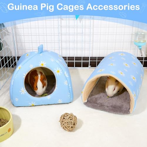 Guinea Pig Hideout, Bienbee Washable Rabbit Bed with Guinea Pig Tunnel, 2 Pack Guinea Pigs Toys Set Bunny Hideout Cage Accessories for Hamster Ferret Rabbits Bunny, Blue Daisy