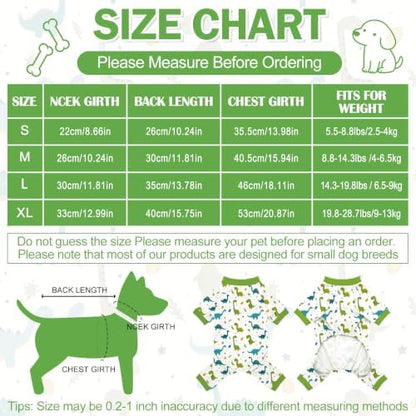 Dog Pajamas for Small Medium Dogs Pjs Green Dinosaurs Dog Onesie Breathable Puppy Pj Pet Stretchy Soft Sleepwear for Spring Summer Costume-L