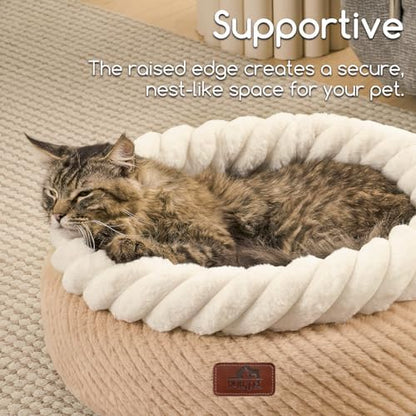 Hollypet Round Cat Bed Small Dog Beds with Detachable Cushion, Oatmeal