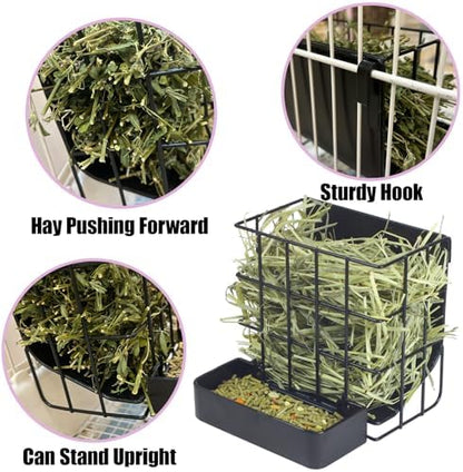 Rabbit Hay Feeder Guinea Pig Hay Feeder, Hay and Food Holder with Hook Heavy-Duty Metal Frame Hay Rack，for Bunny, Guinea Pigs,Chinchillas， Comes with Two Multifunctional Zippers-6.8x6.7x6.6inch
