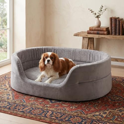 Small Dog Bed Cat Bed 16x20 Inch, Calming Pet Bed for Dogs & Cats, Machine Washable Dog Bed, Half-Enclosed Open-Top Velvet Anti-Anxiety Bed, Cozy Snuggle Bed (Grey)
