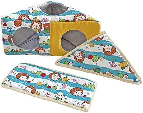 Hedgehog Fleece Corner Hideout Cave Collapsible Pet Play Toy Tunnel Tube Warm House Hidey Hut for Sugar Glider Ferret Hamster Small Animal Beds (Blue/Yellow)