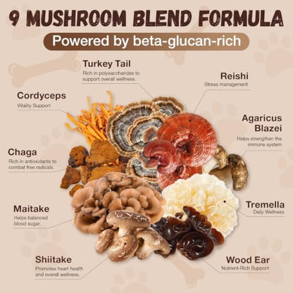 Turkey Tail Mushroom for Dogs with Probiotics - Mushroom Supplement for Dogs Lumps and Bumps, Reishi, Lion's Mane - Immune Boost, Gut Health, Lipoma, Joint & Skin Support Multivitamin, 120 Chews