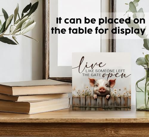 Pig Signs - Farm Cottagecore Animal Office Kitchen Bedroom Decor,Rustic Farmhouse Live like Someone Left the Gate Open Home Decor Wooden Signs,Pig Gifts for Women,8x8