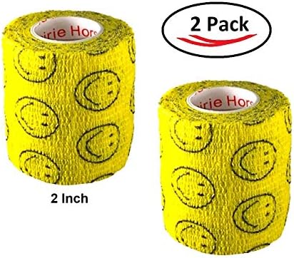2 Pack Premium Vet Wrap - Self Adhesive Bandage Wrap & Athletic Tape - 4" x 5 Yards Elastic & Self-Sticking Cohesive Bandage for Pets, Sports, Wrists, & Ankles - Yellow with Smiles by Prairie Horse
