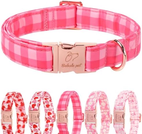 Pink Checkerboard Dog Collar, Classic Girly Plaid Dog Collars, Adjustable Heavy Duty Girl Dogs Collar for Small Medium Large Dogs with Metal Buckle XS